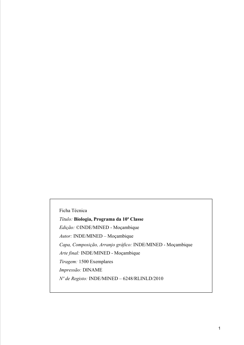 Biologia da 10ª Classe Programa de Ensino (INDE 2010 - Antigo) em PDF