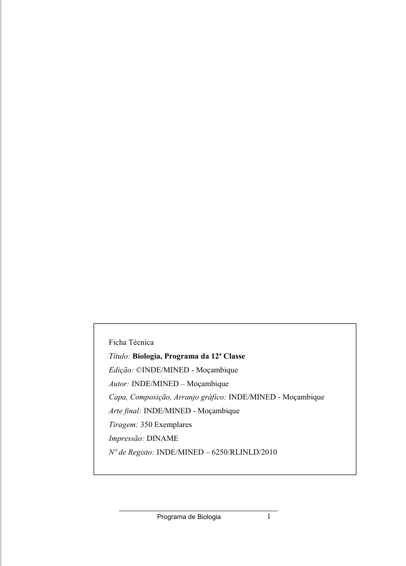 Biologia da 12ª Classe Programa de Ensino (INDE 2010 - Antigo) em PDF