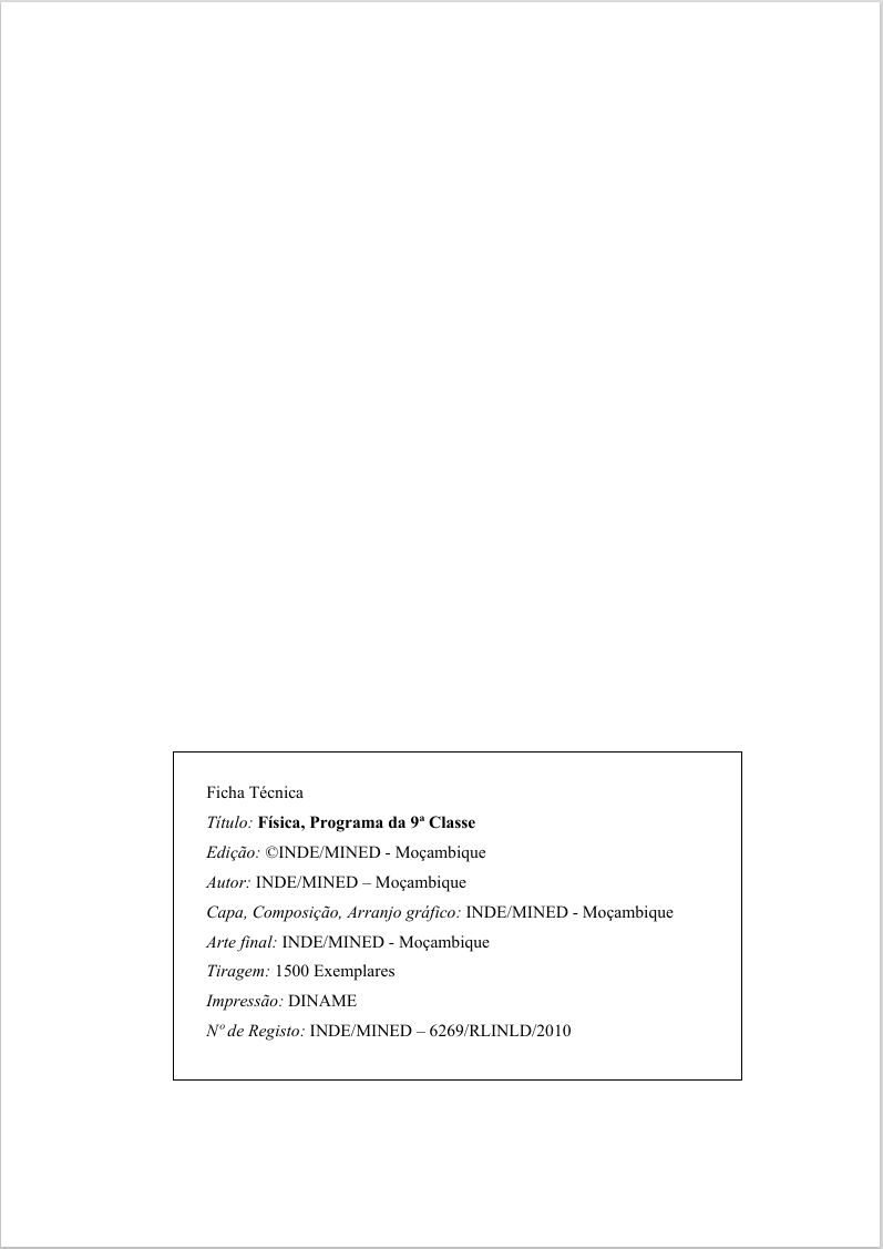 Física da 9ª Classe Programa de Ensino (INDE 2010 - Antigo) em PDF