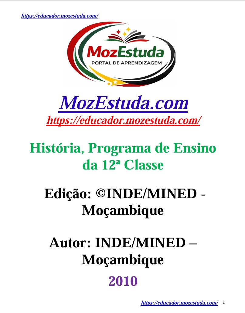 História da 12ª Classe - Programa de Ensino (INDE 2010 - Antigo) em PDF