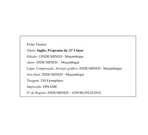 Inglês da 12ª Classe - Programa de Ensino (INDE 2010 - Antigo) em PDF