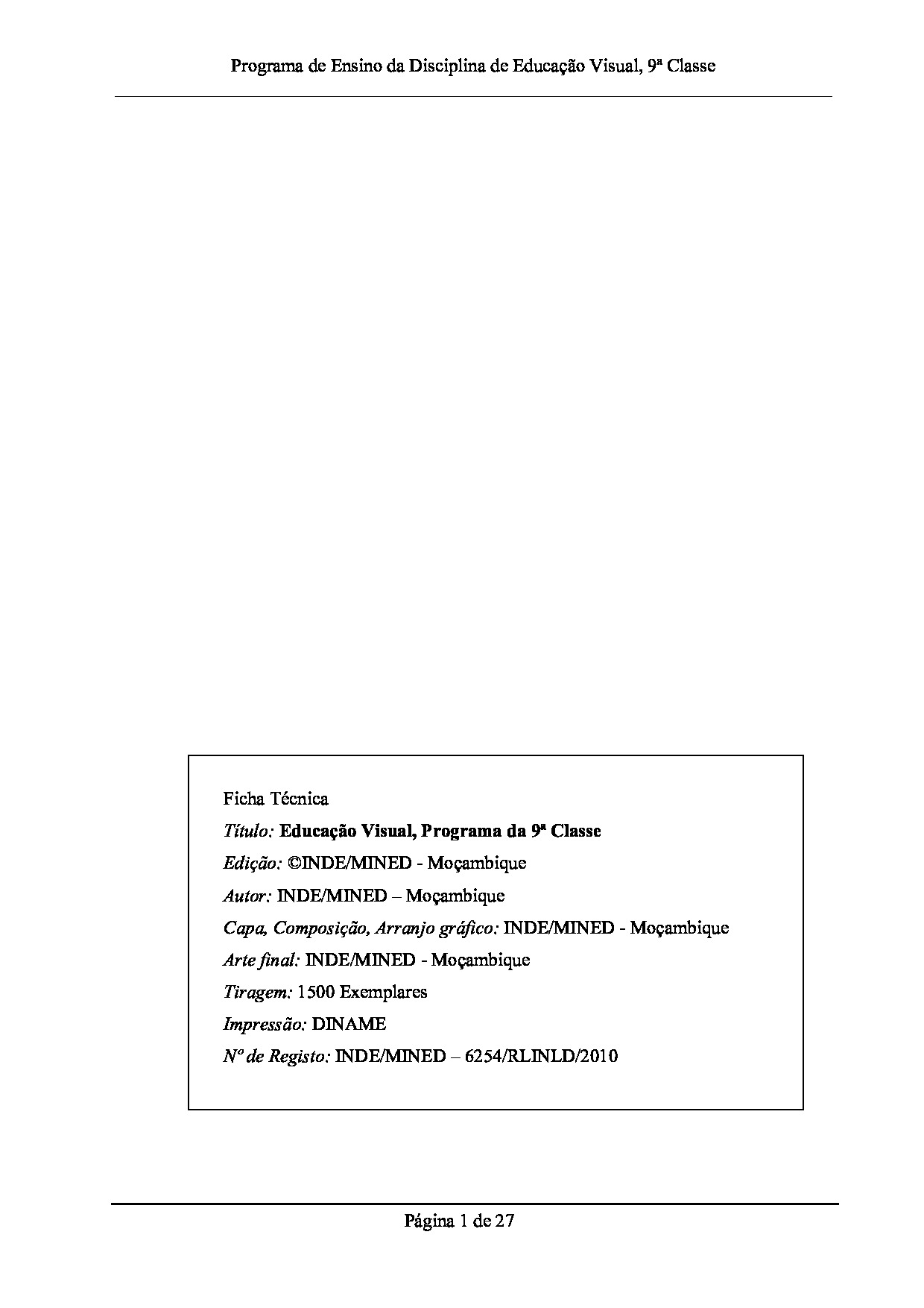 Educação Visual da 9ª Classe Programa de Ensino (INDE 2010 - Antigo) em PDF