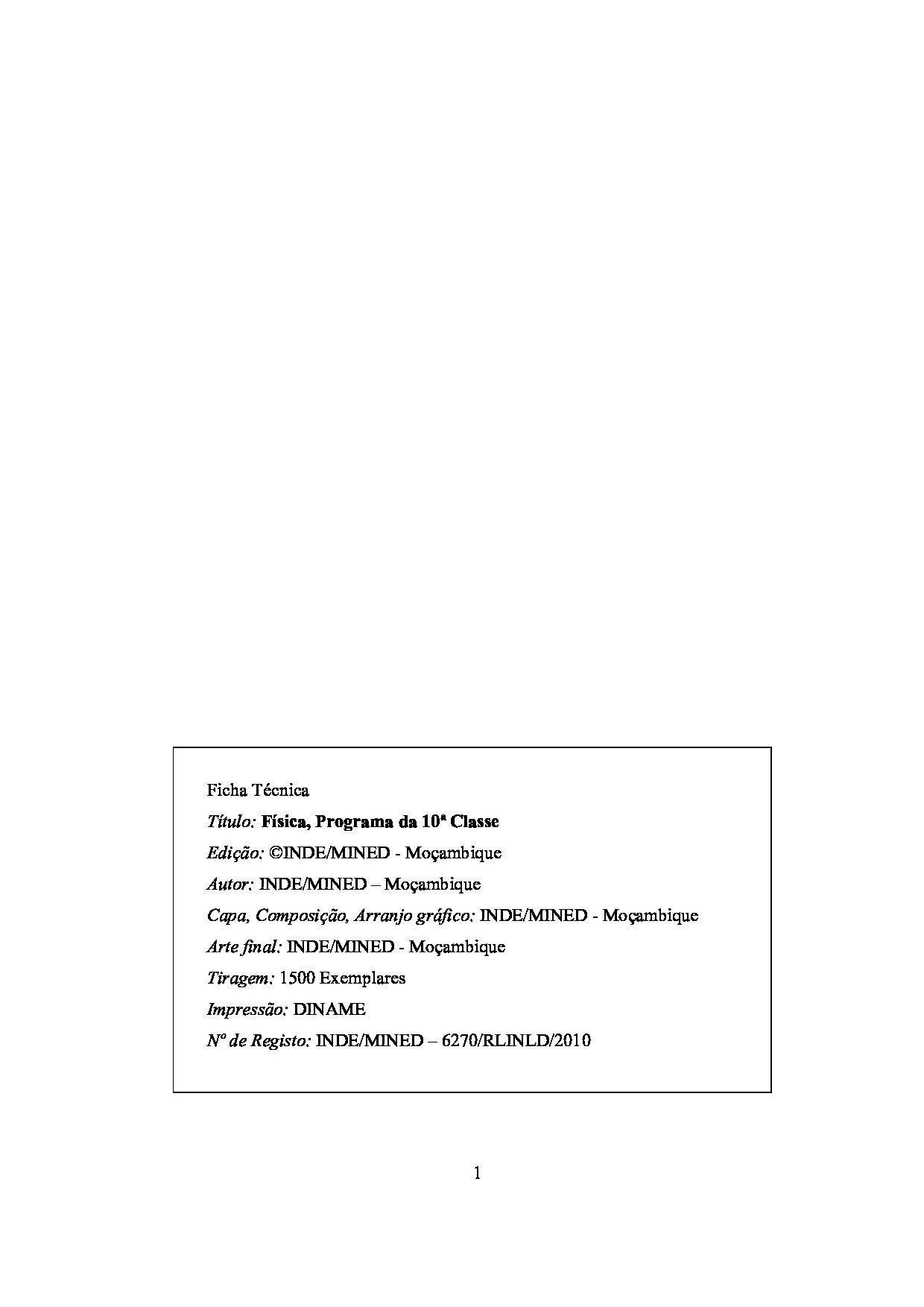Física da 10ª Classe Programa de Ensino (INDE 2010 - Antigo) em PDF