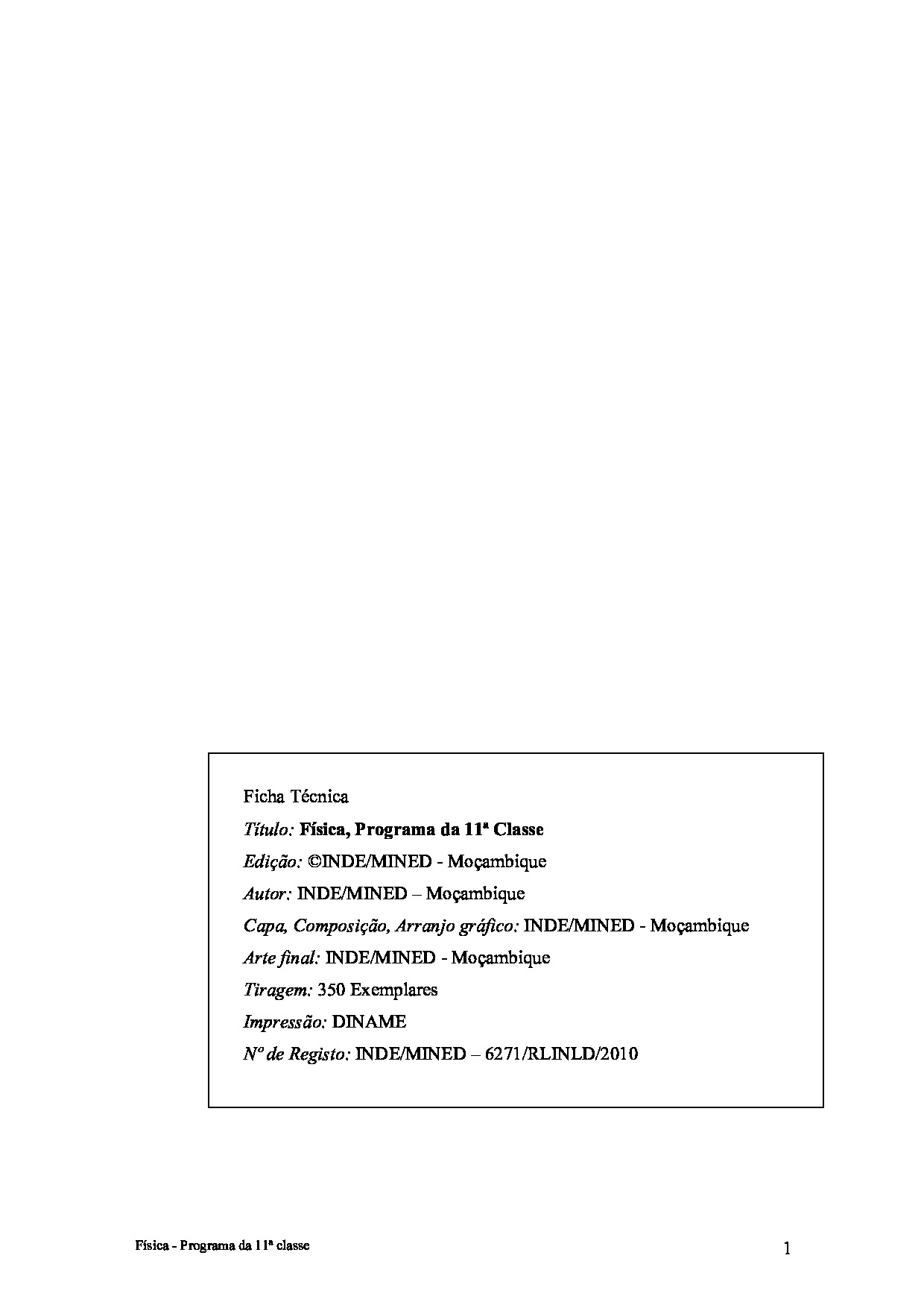 Física da 11ª Classe Programa de Ensino (INDE 2010 - Antigo) em PDF