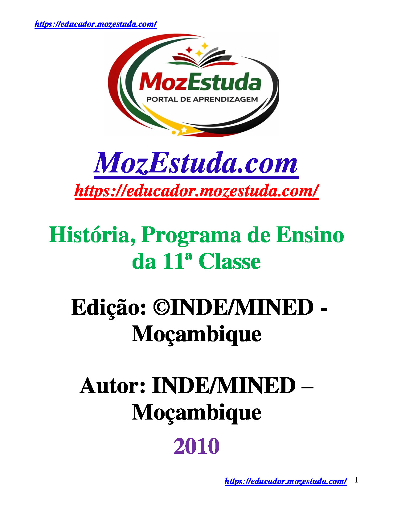 História da 11ª Classe - Programa de Ensino (INDE 2010 - Antigo) em PDF