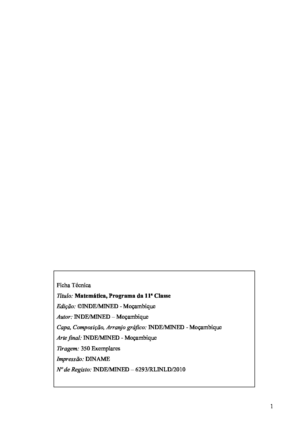 Matemática da 11ª Classe - Programa de Ensino (INDE 2010 - Antigo) em PDF