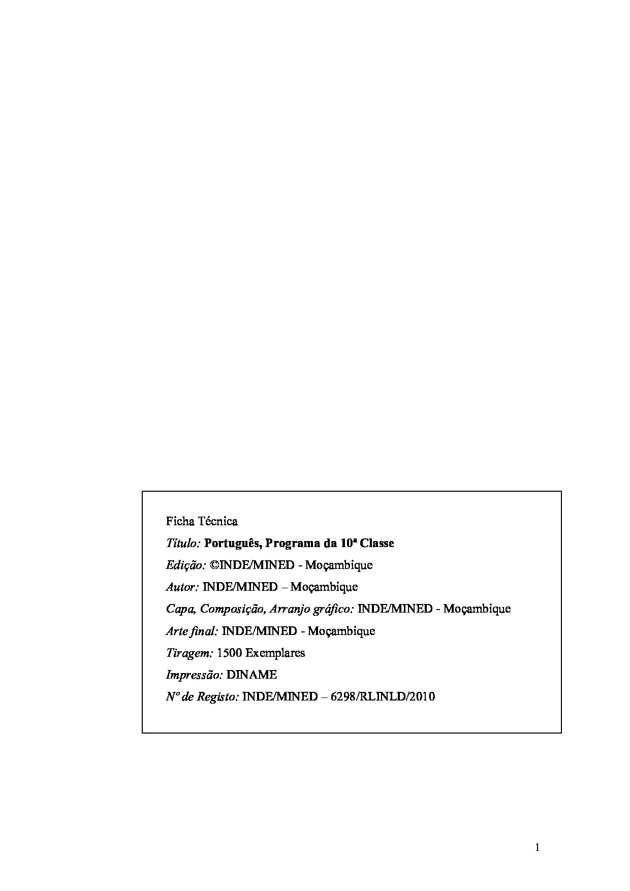 Português da 10ª Classe - Programa de Ensino (INDE 2010 - Antigo) em PDF