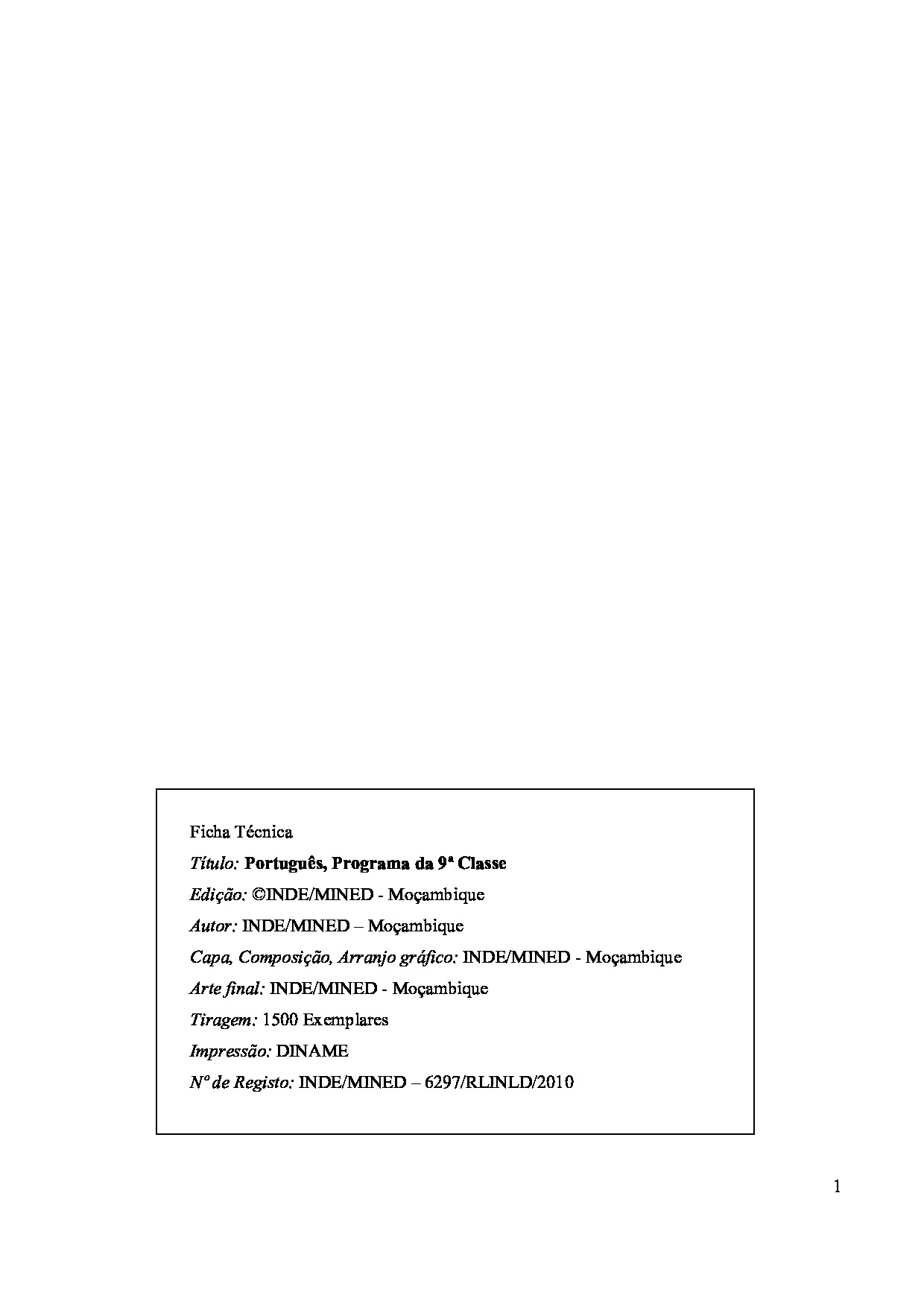 Português da 9ª Classe - Programa de Ensino (INDE 2010 - Antigo) em PDF